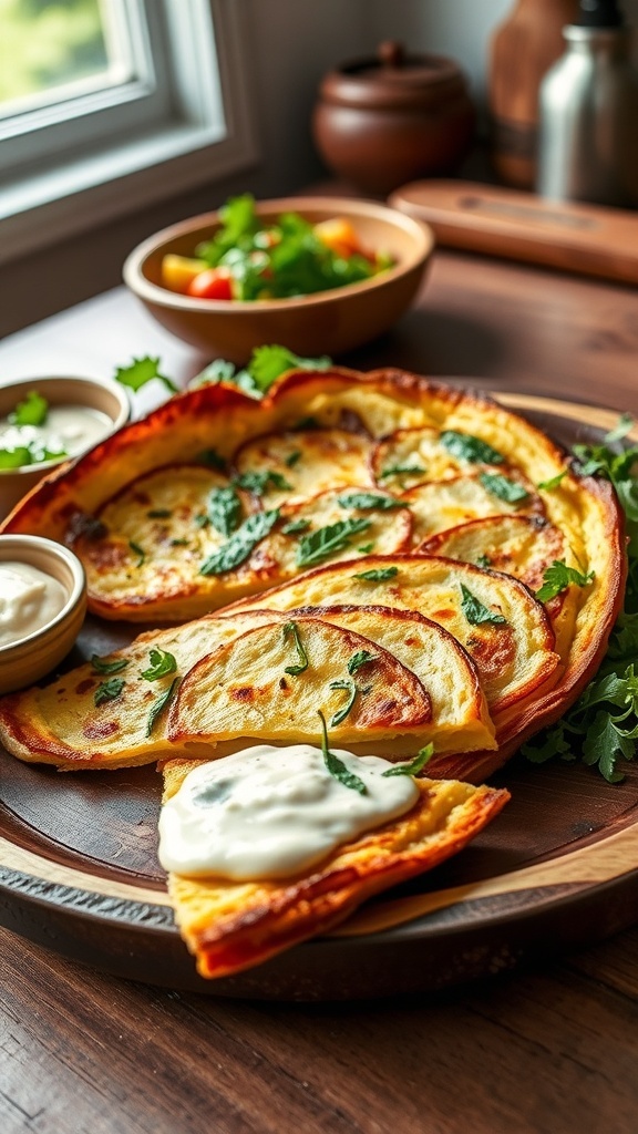 A golden brown Spanish tortilla sliced into wedges, garnished with herbs, served with aioli and salad.